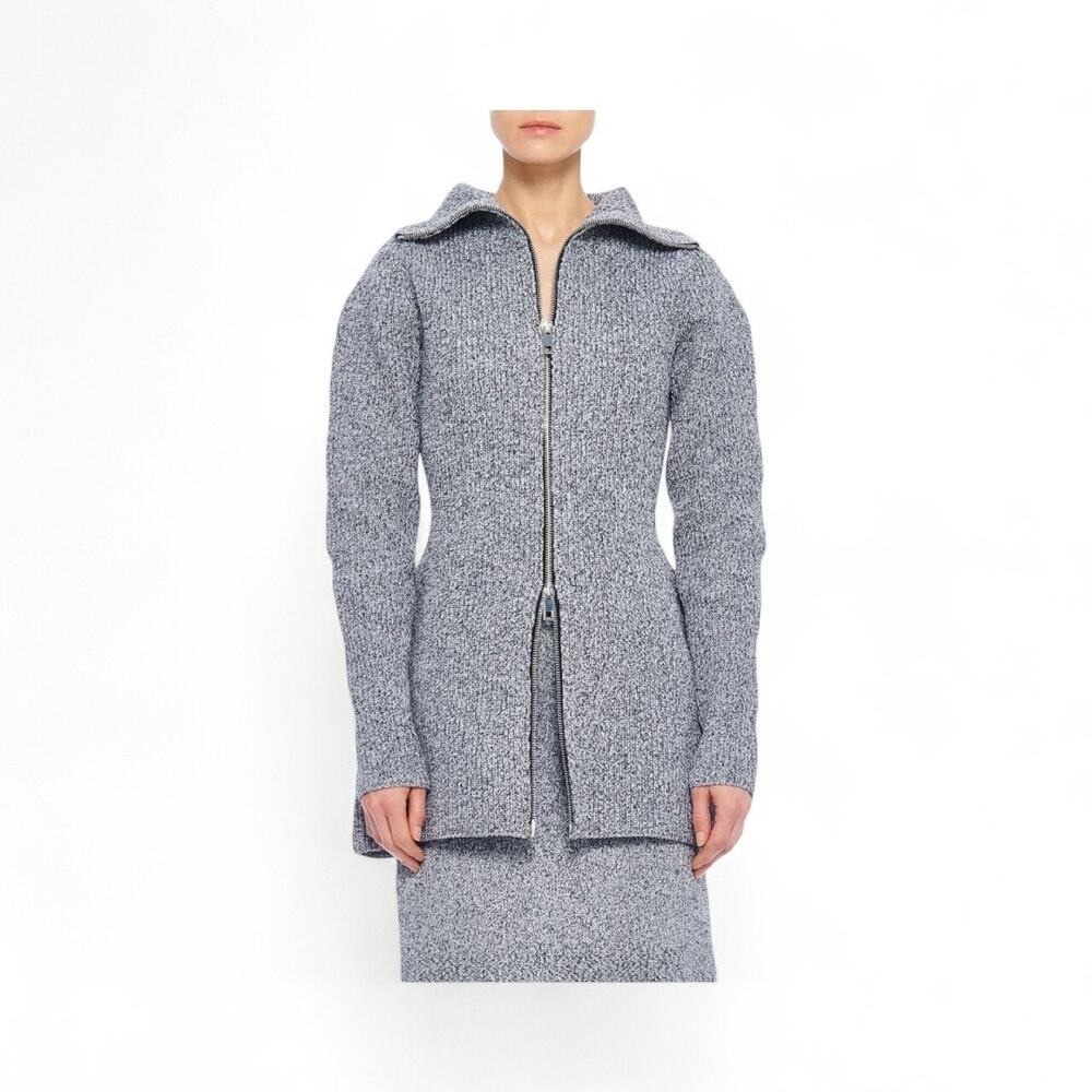 Tibi Cardigan Women L Grey Marled Two-Way Zip Funnel Neck Chunky Knit Sweater
